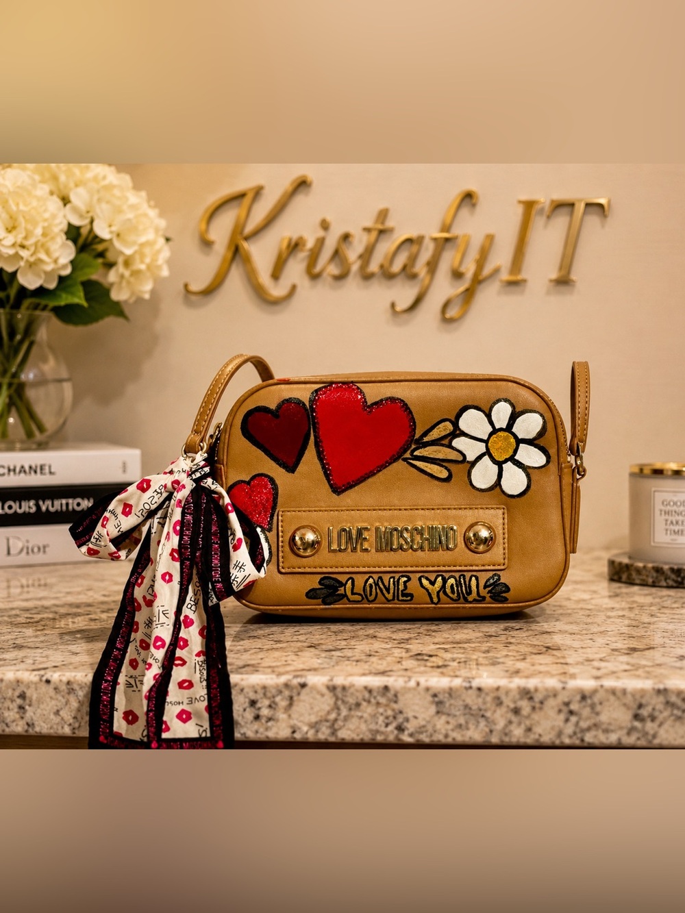 Love Moschino Heart Flower Crossbody Bag Hand Painted OOAK KristafyIT